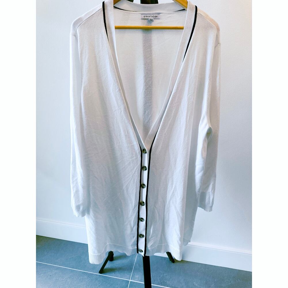 Plus 3X - 41 Hawthorn Women’s Open Front Knit Cardigan White with Black Stripe